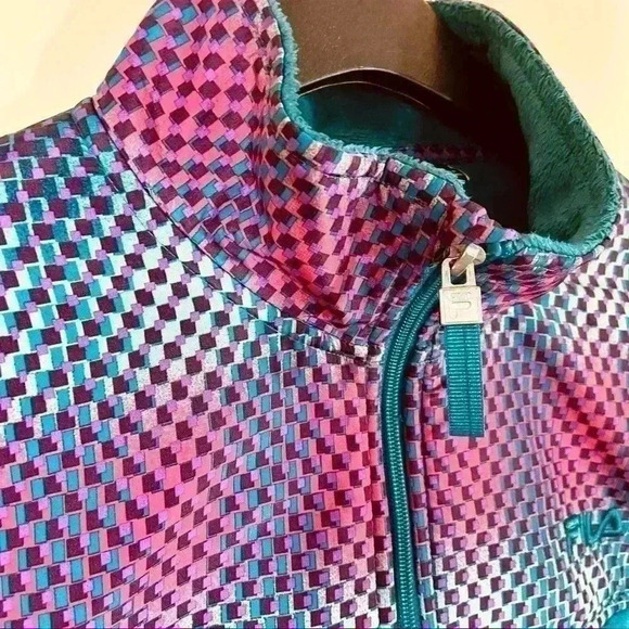 Fila Athleisure Green Teal Geometric Fleece Fur Full Zip Collared Jacket Size L - Picture 4 of 10